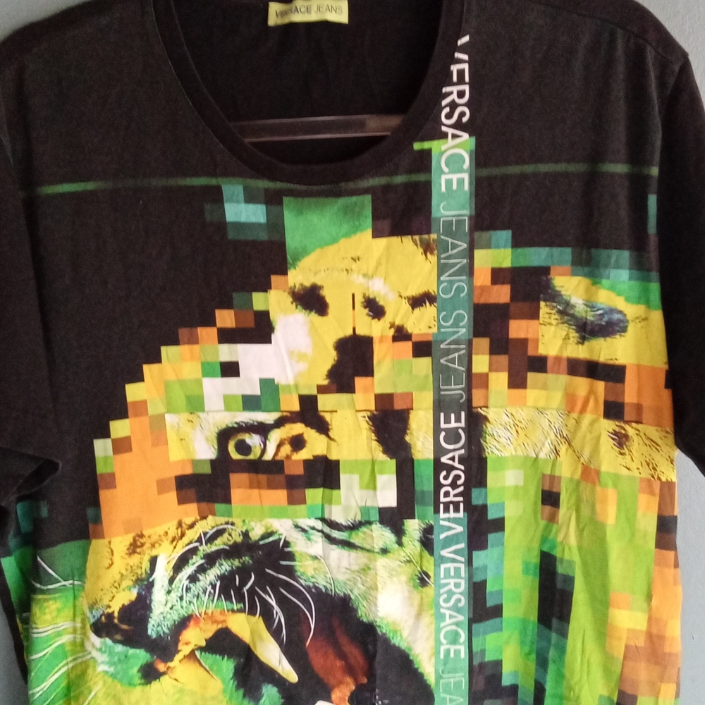 Versace Jeans Couture‎ Tiger Pixelated Graphic T Shirt Black Mens XL